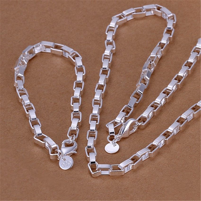 classic men 5MM long box Chain 925 Stamp Silver color Bracelets necklace Jewelry set for women 20 inch Fashion Party Gift