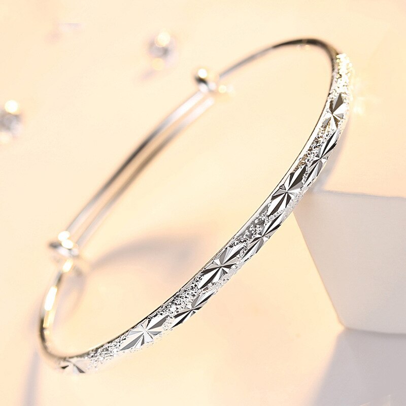 Hot new Fashion 925 Stamp Silver color Bracelets for Women Frosted shiny stars bangles adjustable Jewelry wedding Party Gifts