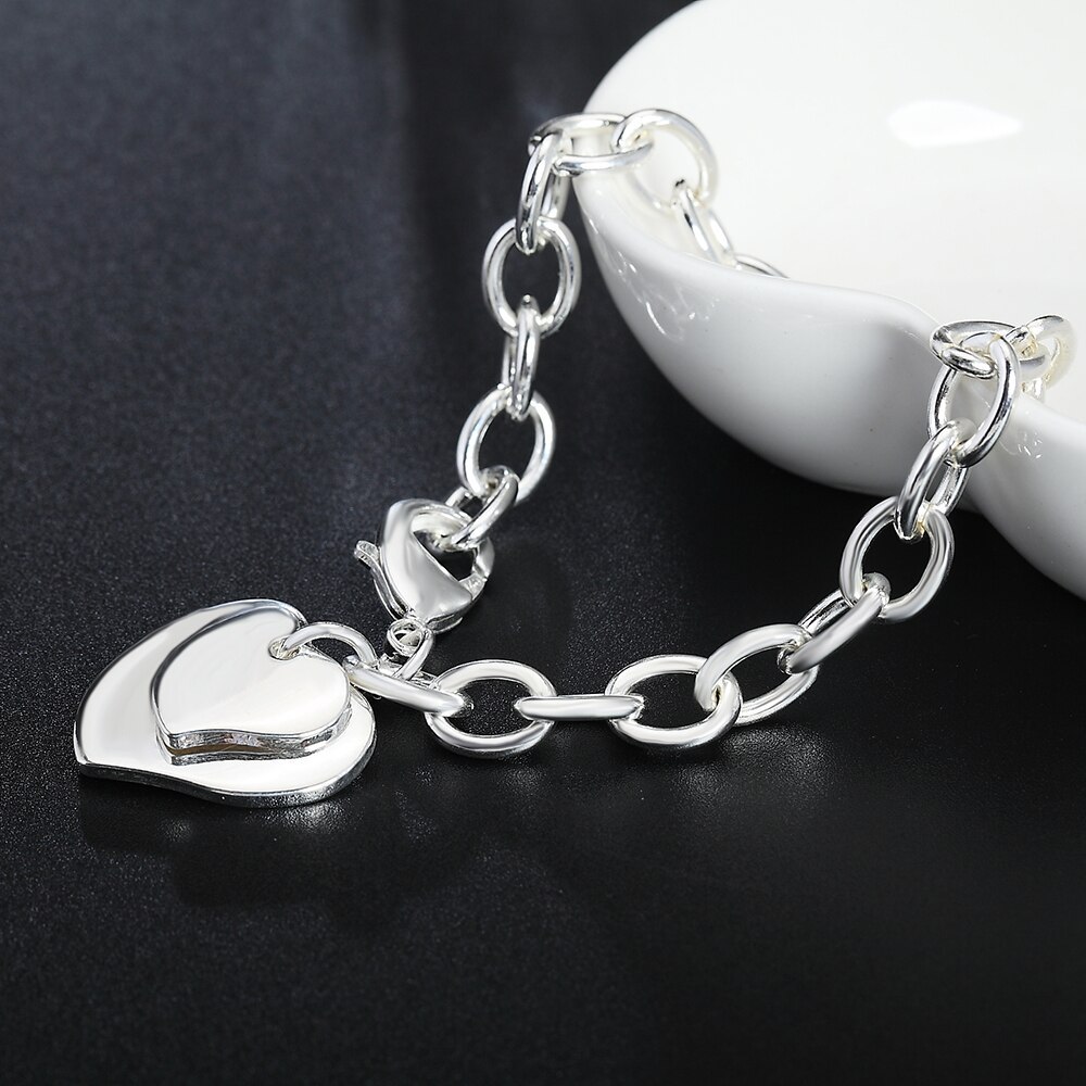 Factory direct fashion 925 Stamp Silver color Bracelet for woman double Heart card pendant chain jewelry Wedding party lady gift