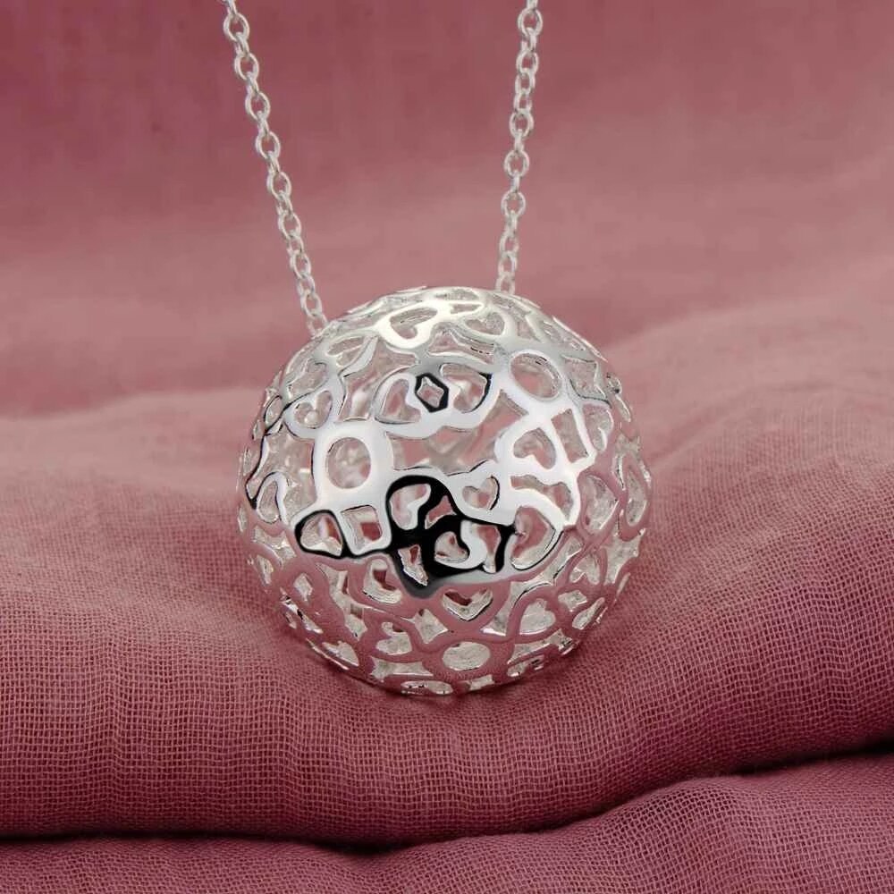 Hot charm 925 Stamp Silver color Hollow Ball Pendant necklace earrings Jewelry set for women Fashion Party wedding Gifts