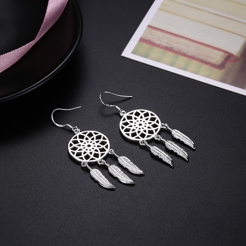 Fashion 925 Stamp Silver color Dream catcher feathers earrings for women luxury designer party wedding Jewelry fine gift