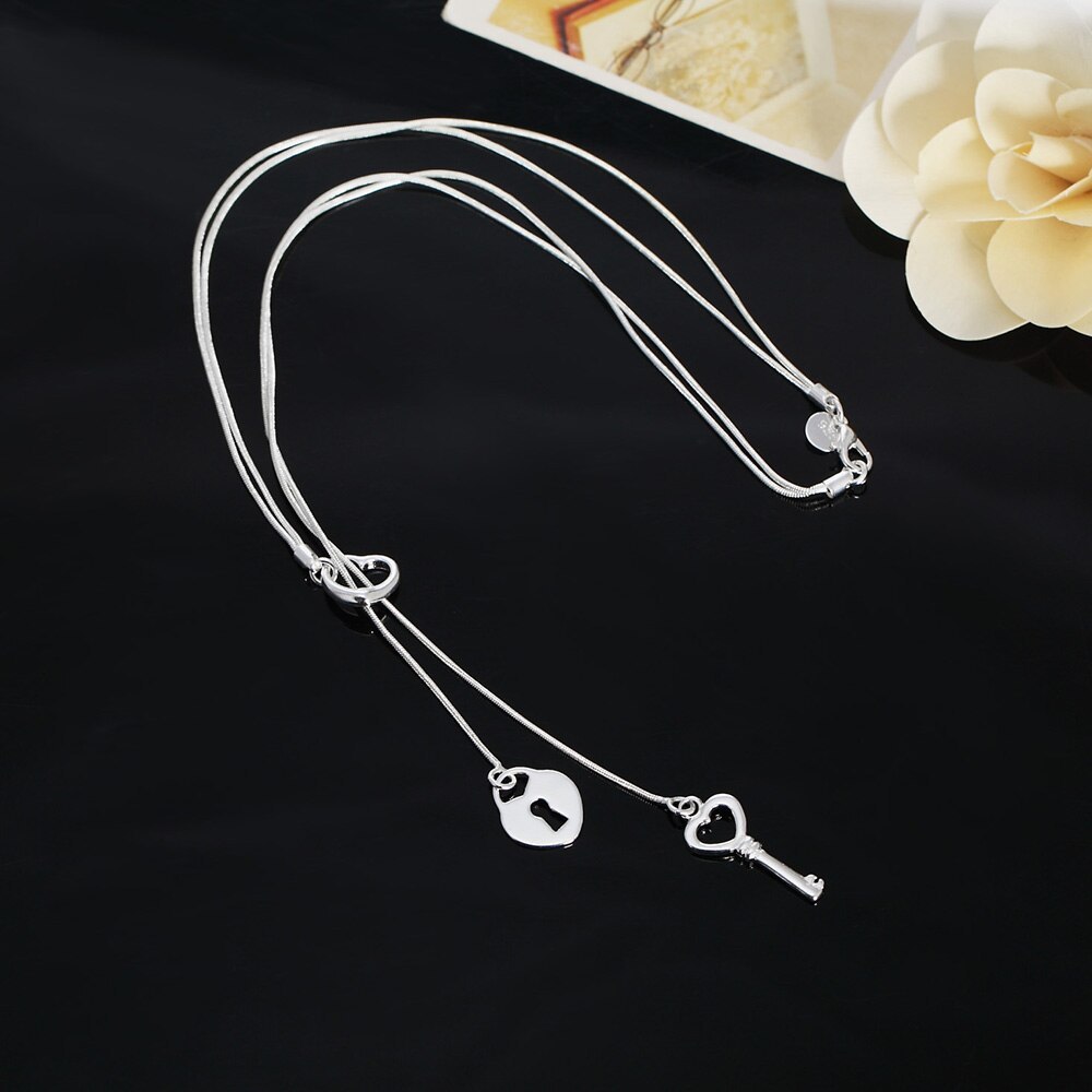 Special offer 925 Stamp Silver color Fashion brand Heart lock key Necklace For Women luxury Wedding party Jewelry Christmas gift