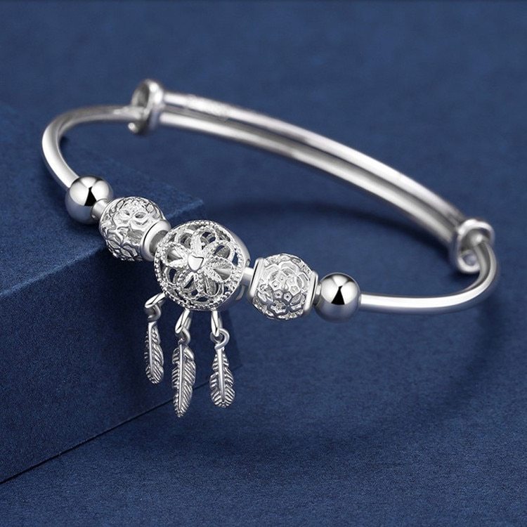Adjustable 925 Stamp Silver color Bangle Dreamcatcher Tassel Feather Round Bead Charm Bracelet Cuff For Women Elegant wedding