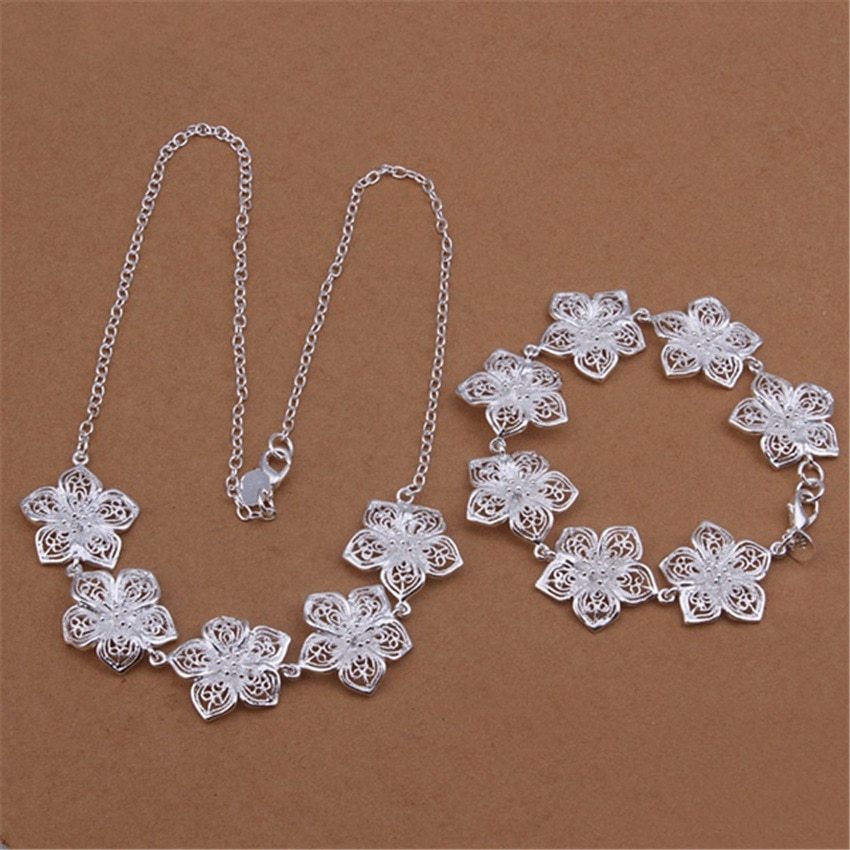 Hot Retro beautiful Flowers necklaces bracelet 925 Stamp Silver color Jewelry sets for women fashion Party wedding Gifts