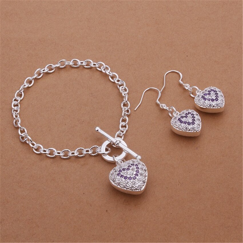 Charm new 925 Stamp Silver color fine heart crystal earrings bracelets Jewelry sets for women classic Fashion Party wedding Gift