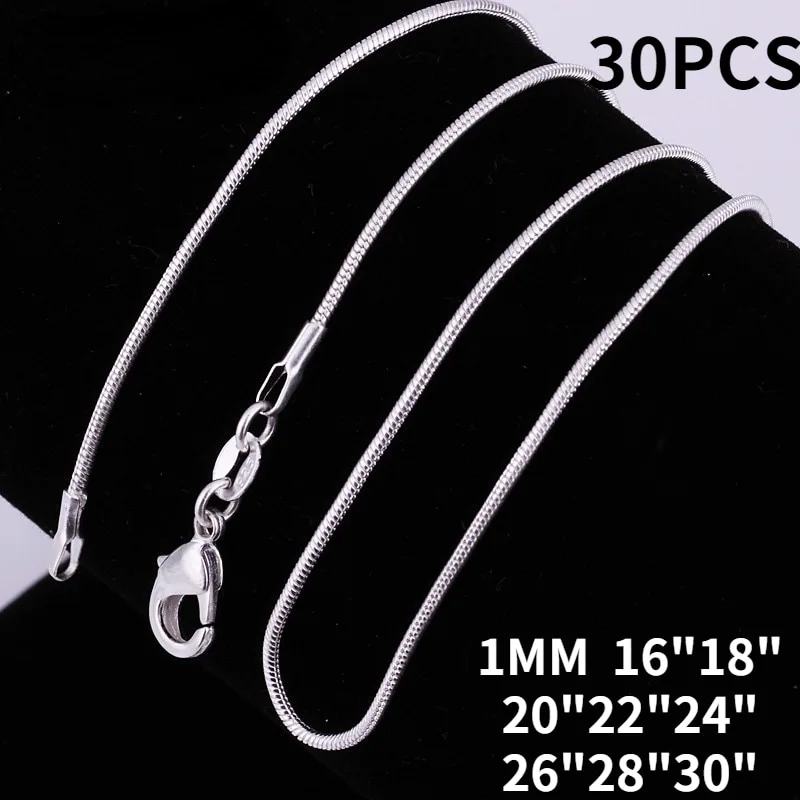30PCS/lot Special offer 925 Stamp Silver color fine 1MM Snake chains necklaces for women men Fashion party wedding jewelry set