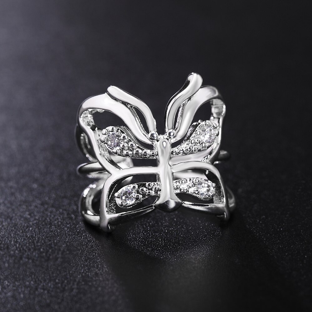 Hot charm 925 Stamp Silver color Crystal butterfly Ring For Women adjustable Fashion Retro Wedding Party Gift luxury Jewelry