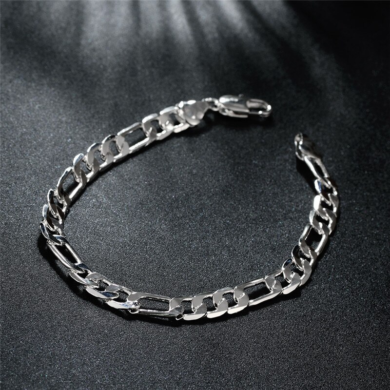 Noble 925 Stamp Silver color wild 6MM flat sideways chain for women man Bracelets Wedding party Christmas Gifts fashion Jewelry