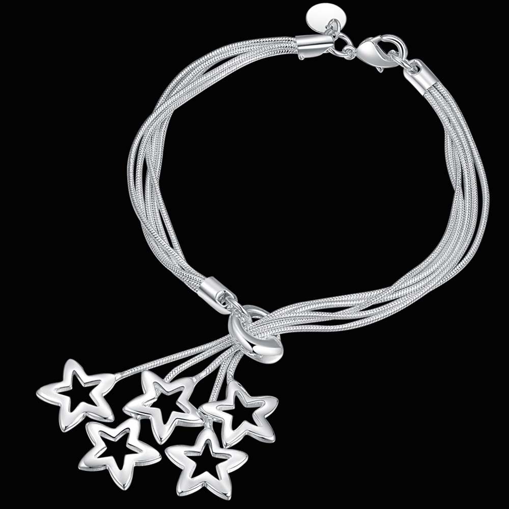 Hot sale fashion 925 Stamp Silver color Bracelet for woman Pretty Tassel chain star pendant Wedding party Gifts classic Jewelry