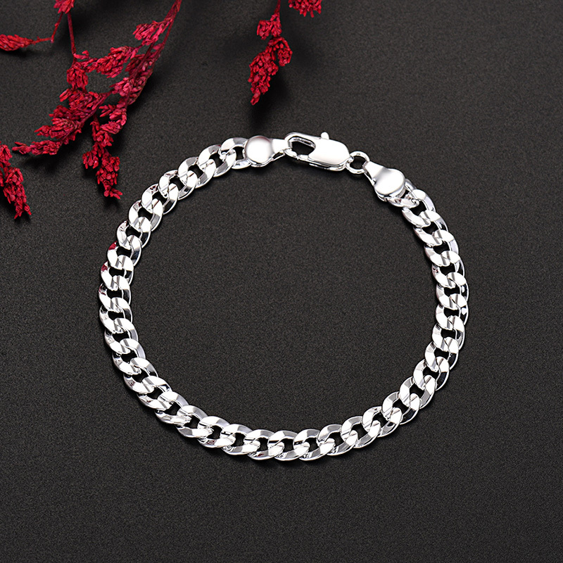 LH082  Stamped  925  men women silver color bracelet 7MM.  20cm 8inches.