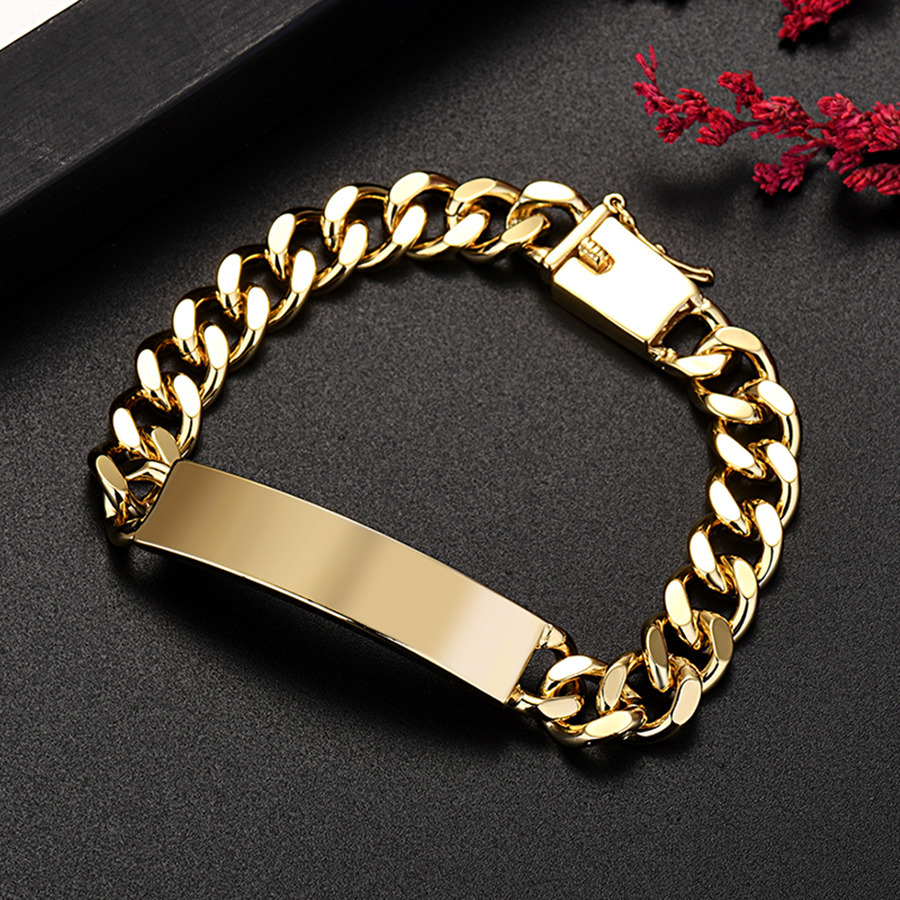 LH086   18k STAMPED  Gold color 10MM width 20cm long Bracelet chain for women men