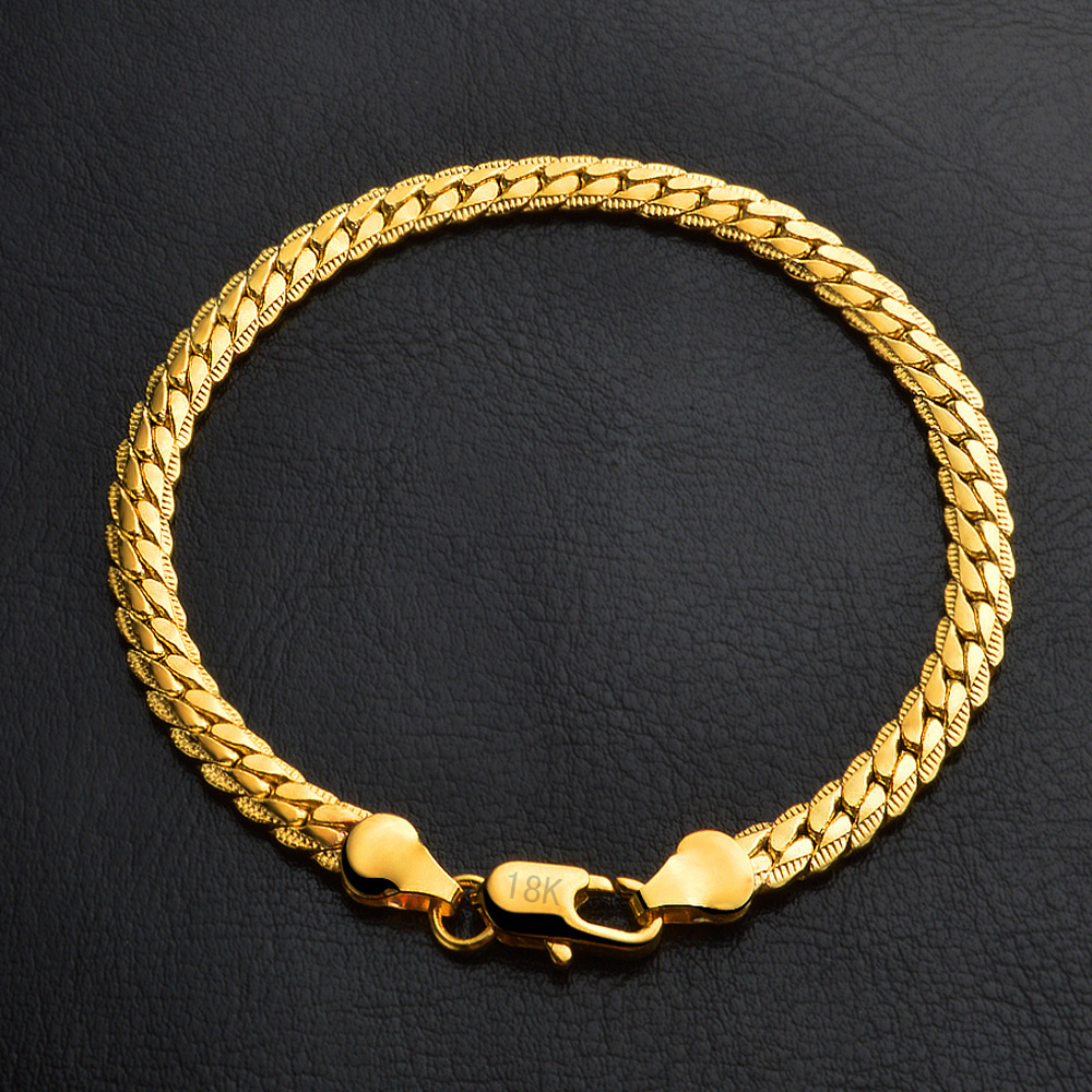 LH081  stamped 18k   gold color for men women lady 20cm chain bracelet 5MM flat snake Top Quality