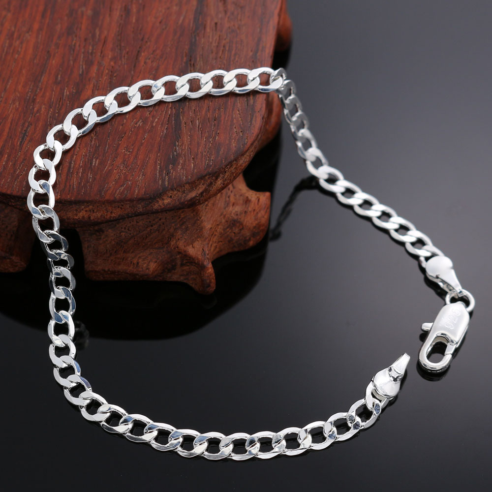 LH075 fashion 925 Stamp Silver color Bracelet for man woman 4MM geometric side chain fine jewelry Wedding party gifts