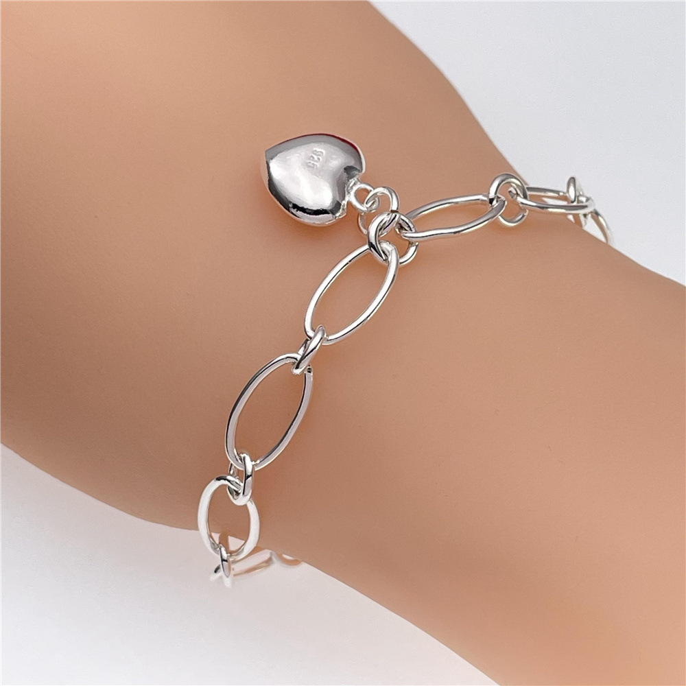D010  fashion 925 Stamp Silver color Bracelet for woman Heart pendant chain jewelry Wedding party