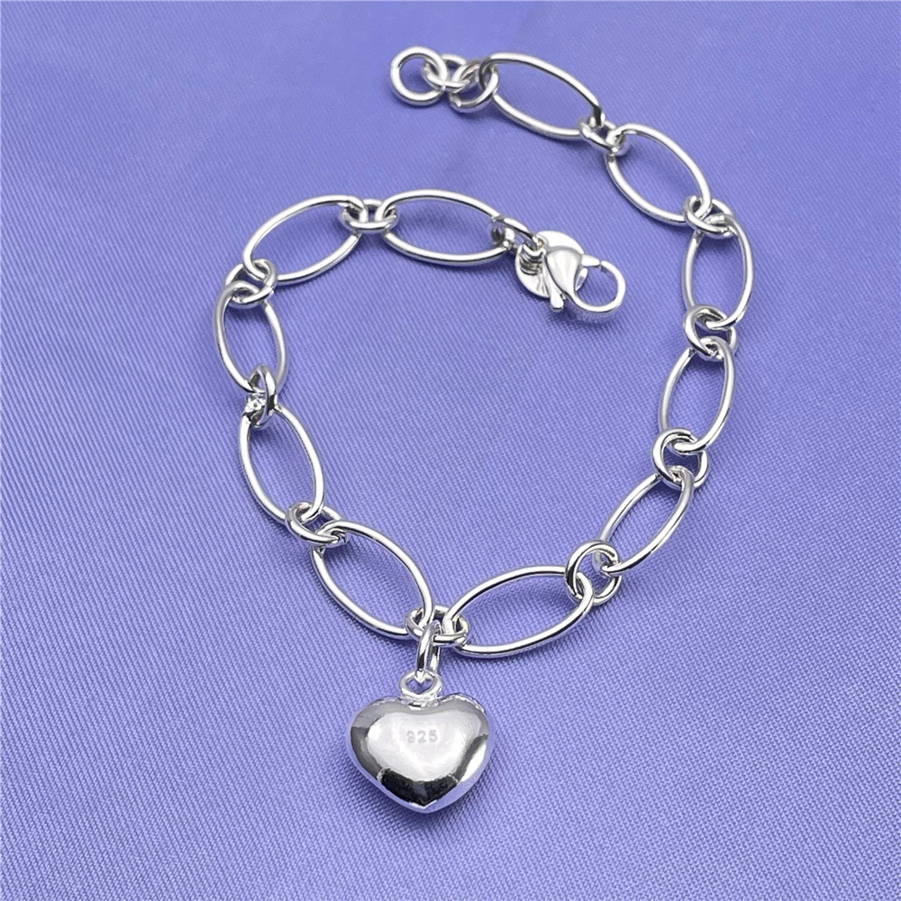 D010  fashion 925 Stamp Silver color Bracelet for woman Heart pendant chain jewelry Wedding party