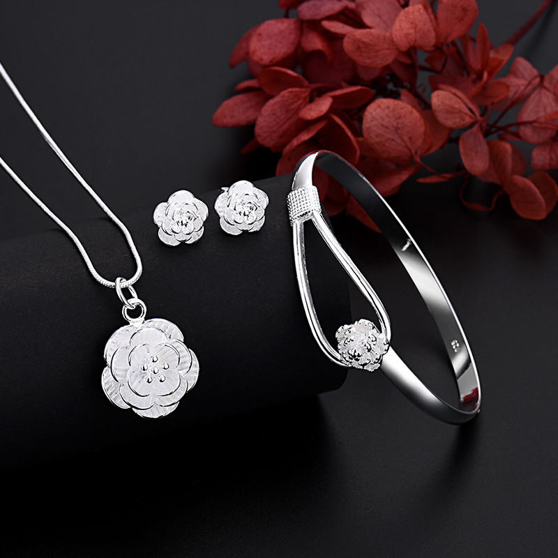 Charm Flower Necklace Earring Bangle Jewelry for Women Retro Set Wedding Gift TRENDY