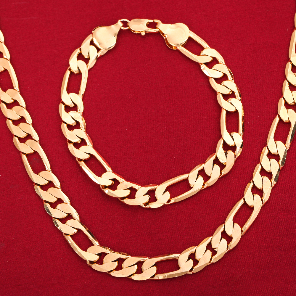 LH024LN062  8MM Width Street all-match 18K gold COLOR  classic geometry bracelet neckalce for women men fashion jewelry set 20cm and 50cm