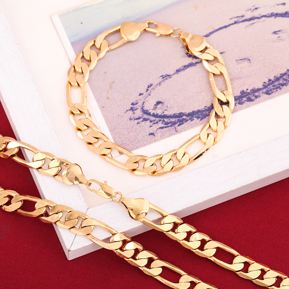 LH024LN062  8MM Width Street all-match 18K gold COLOR  classic geometry bracelet neckalce for women men fashion jewelry set 20cm and 50cm