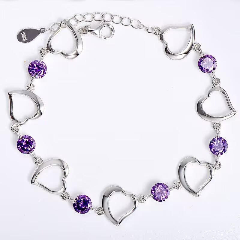 H007  Silver color Purple crystal Bracelets for women Classic Chain for man Wedding party Christmas Gifts fashion Jewelry