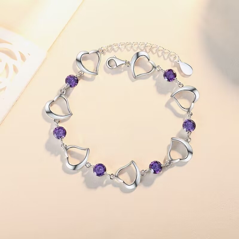 H007  Silver color Purple crystal Bracelets for women Classic Chain for man Wedding party Christmas Gifts fashion Jewelry