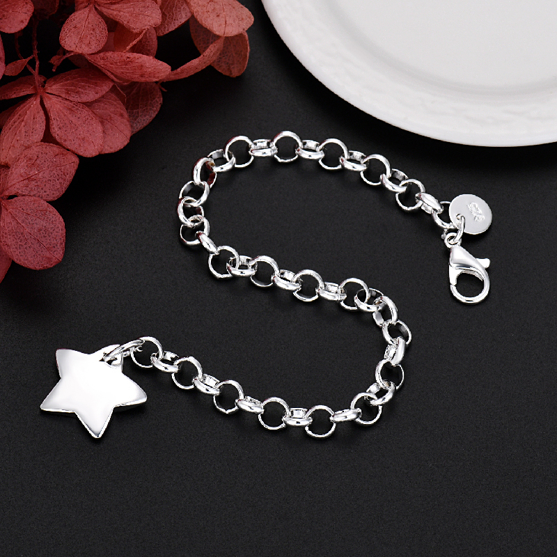 LH096  Silver color Charms star Bracelets for women Classic Chain for man Wedding party Christmas Gifts fashion Jewelry 20CM 8inches