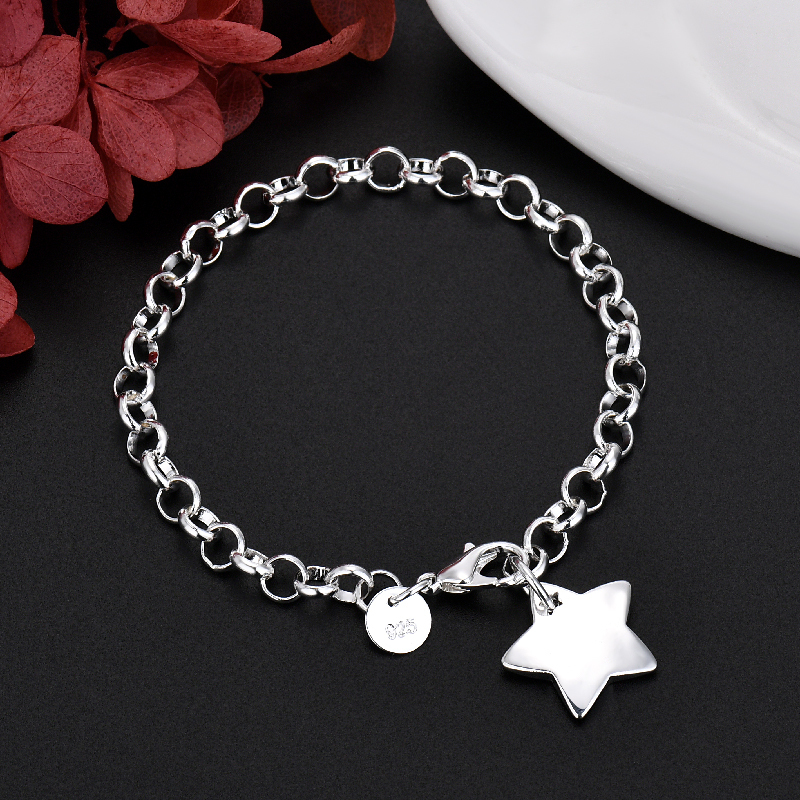 LH096  Silver color Charms star Bracelets for women Classic Chain for man Wedding party Christmas Gifts fashion Jewelry 20CM 8inches