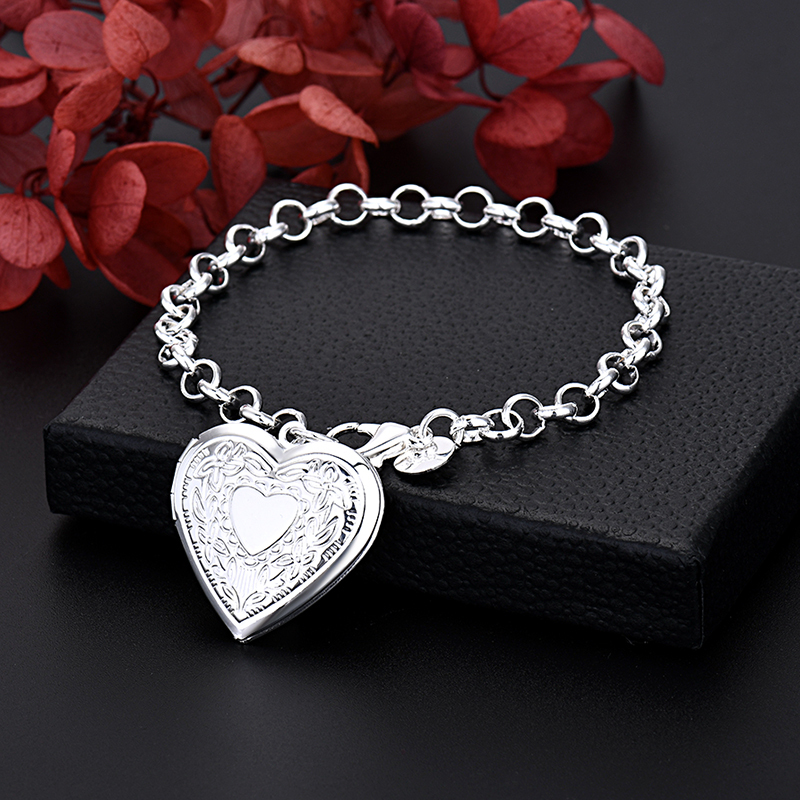 LH092  Silver color Charms Heart Bracelets for women Classic Chain for man Wedding party Christmas Gifts fashion Jewelry 20CM 8inches