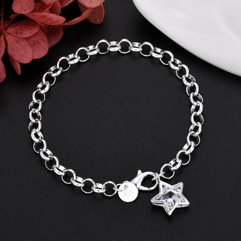 LH094  Silver color Charms star Crystal Bracelets for women Classic Chain for man Wedding party Christmas Gifts fashion Jewelry 20CM 8inches