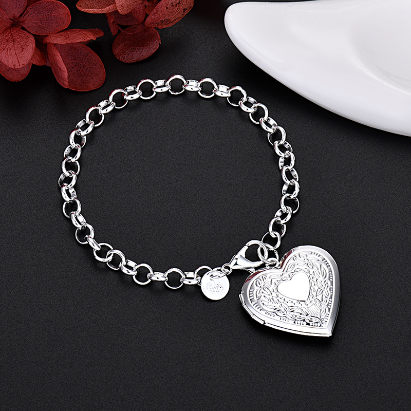 LH092  Silver color Charms Heart Bracelets for women Classic Chain for man Wedding party Christmas Gifts fashion Jewelry 20CM 8inches