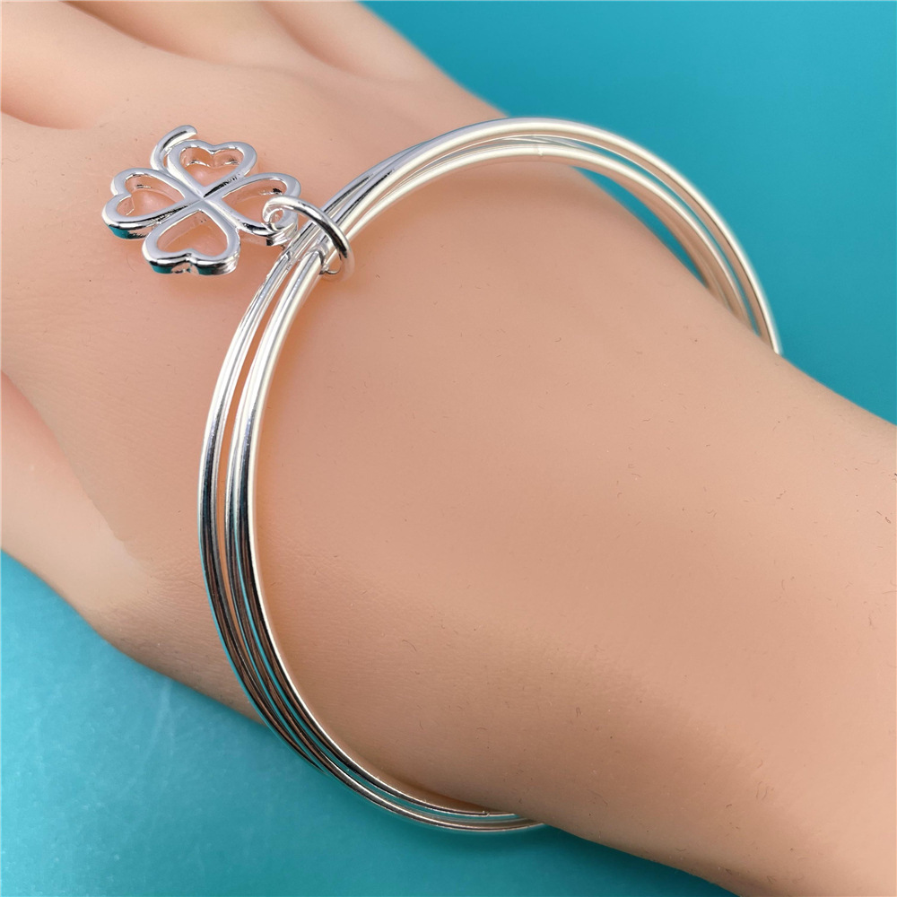 B001  Special offer 925 Stamp Silver  Bracelets for Women three circles hanging heart bangle Girl student Jewelry Fashion Party