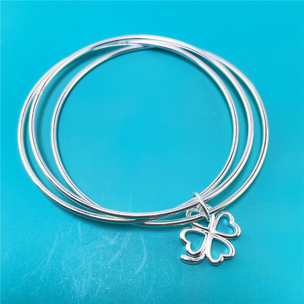 B001  Special offer 925 Stamp Silver  Bracelets for Women three circles hanging heart bangle Girl student Jewelry Fashion Party