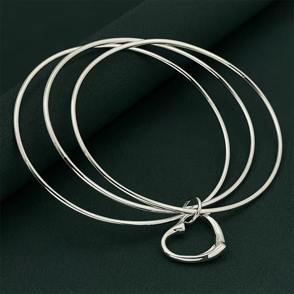 B002  Special offer 925 Stamp Silver  Bracelets for Women three circles hanging heart bangle Girl student Jewelry Fashion Party