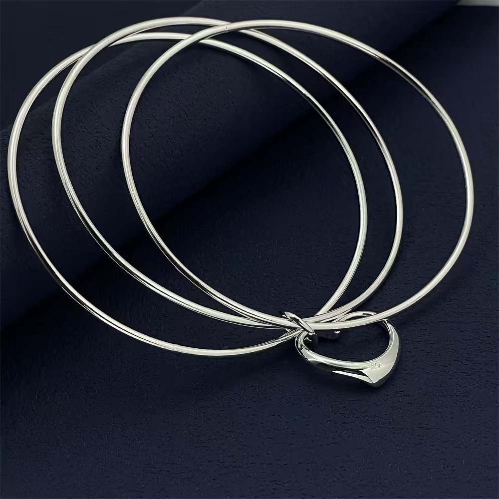 B002  Special offer 925 Stamp Silver  Bracelets for Women three circles hanging heart bangle Girl student Jewelry Fashion Party