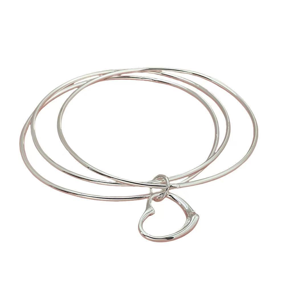 B002  Special offer 925 Stamp Silver  Bracelets for Women three circles hanging heart bangle Girl student Jewelry Fashion Party