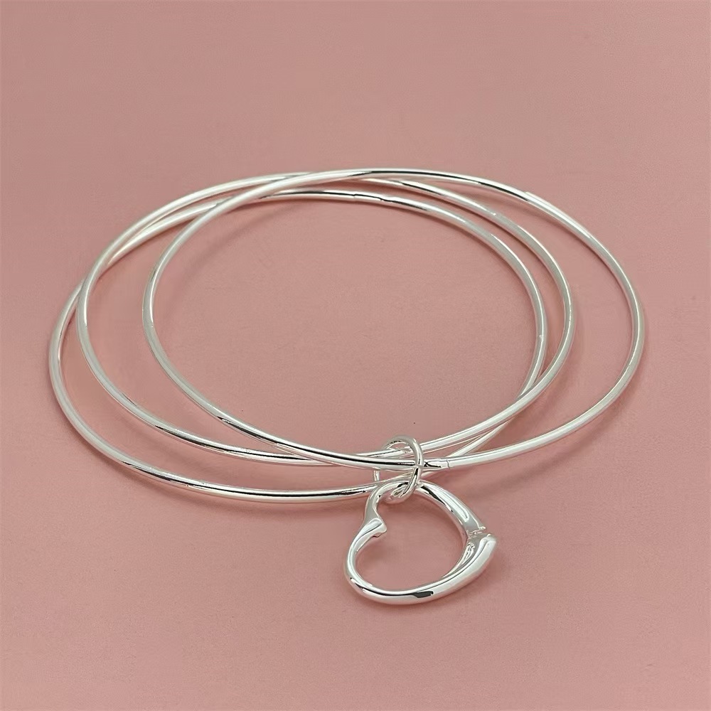 B002  Special offer 925 Stamp Silver  Bracelets for Women three circles hanging heart bangle Girl student Jewelry Fashion Party