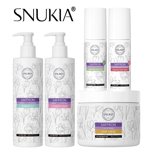 SNUKIA Saffron Essence Collagen Repair Herbal Organic Nourishing Shampoo and Conditioner Mask Serum Mist Spray Set