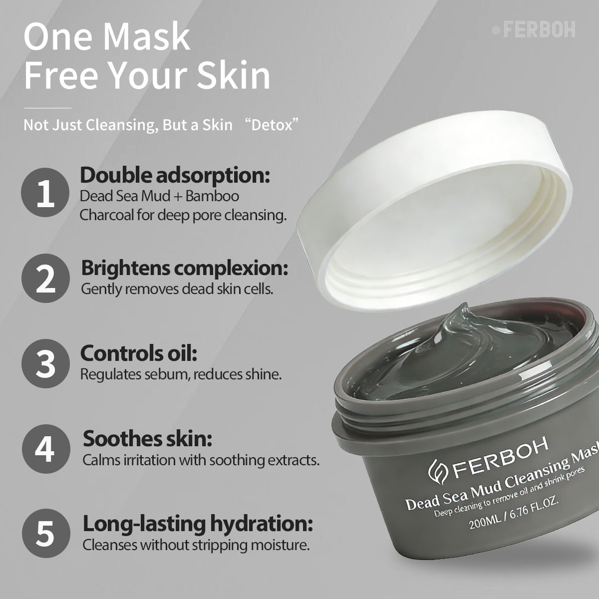 Dead Sea Mud& Bamboo Charcoal Clay Cleansing Face Mask Oil Control Deep Cleansing Skin Pore Reduce for Daily Care