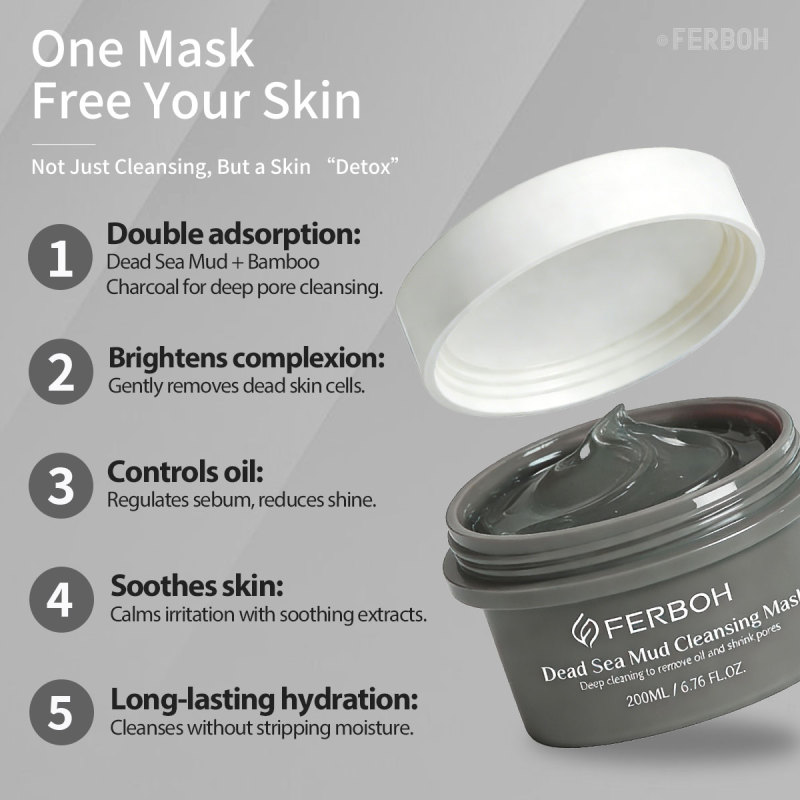 Dead Sea Mud& Bamboo Charcoal Clay Cleansing Face Mask Oil Control Deep Cleansing Skin Pore Reduce for Daily Care