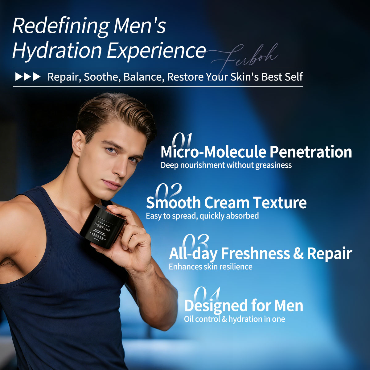 FERBOH Advanced Organic Men's Refreshing Moisturizing Face Cream Skin Care Deep Wrinkle Reduction & Intense Hydration Formula