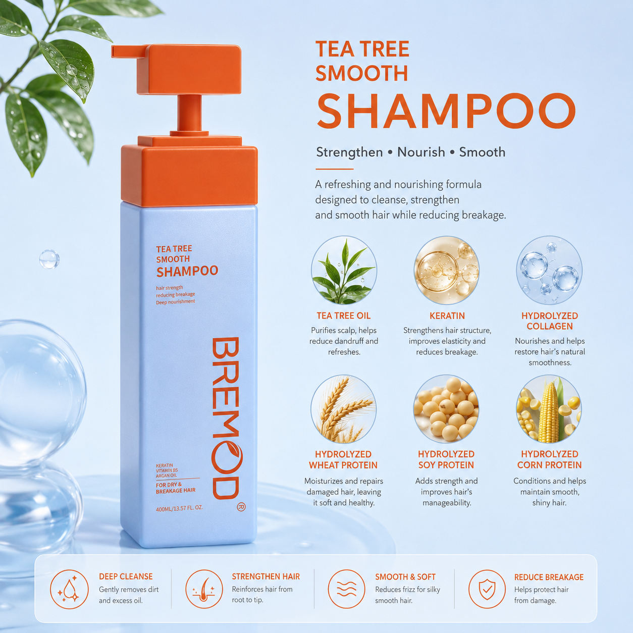 Wholesale Custom Tea Tree Essence Smooth Deep Nourishing Reducing Breakage Shampoo , for Itchy and Dry Scalp