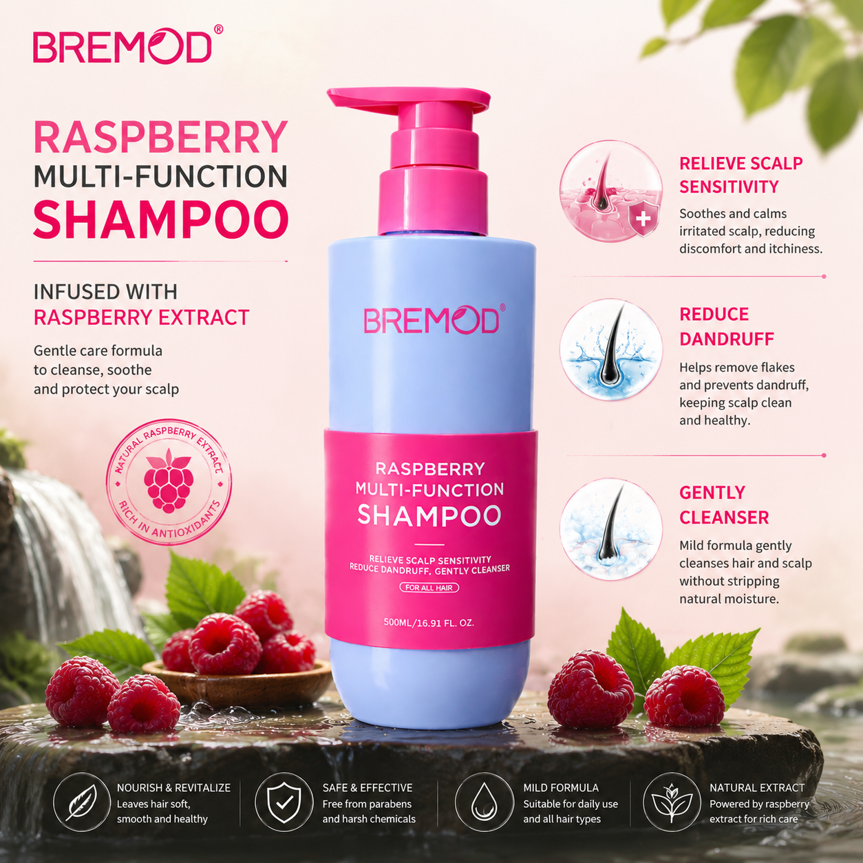 Professional Private Label Raspberry Multi Function Fruit Essence Moisturizing Nourishing Hair Smooth Shampoo and Conditioner