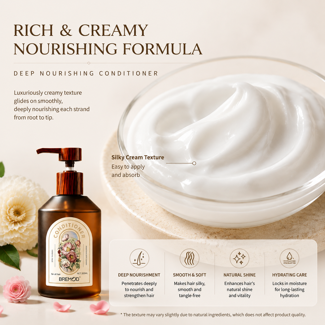 BREMOD Rose Perfume Hair Conditioner Long Lasting Fragrance Smoothing Anti-frizz Hair Care Conditioner 300ml Salon Home Use