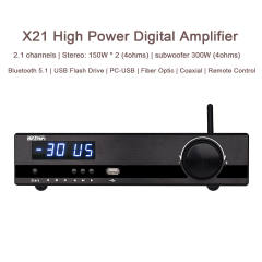 X21 High Power Digital Amplifier HIFI Bluetooth 5.1 USB Flash Drive PC-USB Fiber Optic Coaxial Remote Control