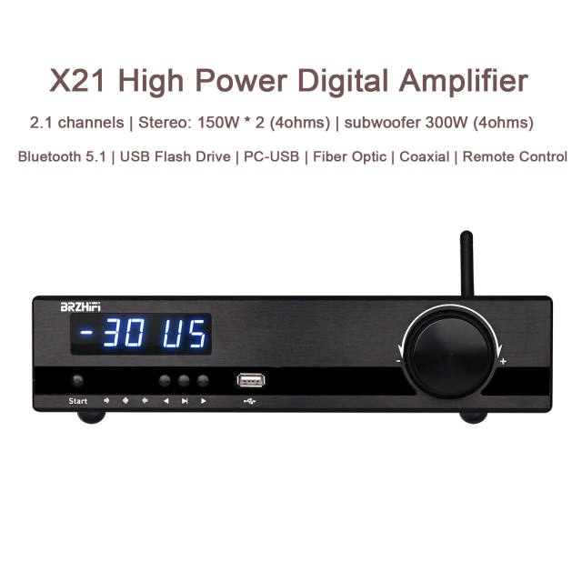 X21 High Power Digital Amplifier HIFI Bluetooth 5.1 USB Flash Drive PC-USB Fiber Optic Coaxial Remote Control