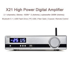 X21 High Power Digital Amplifier HIFI Bluetooth 5.1 USB Flash Drive PC-USB Fiber Optic Coaxial Remote Control