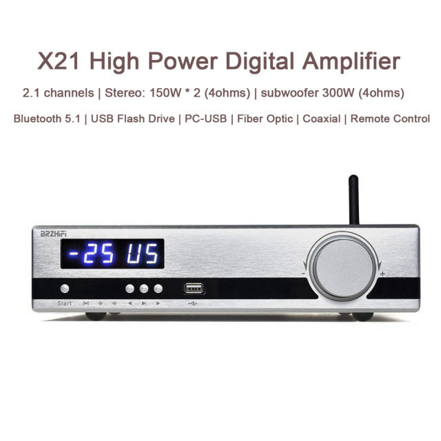 X21 High Power Digital Amplifier HIFI Bluetooth 5.1 USB Flash Drive PC-USB Fiber Optic Coaxial Remote Control