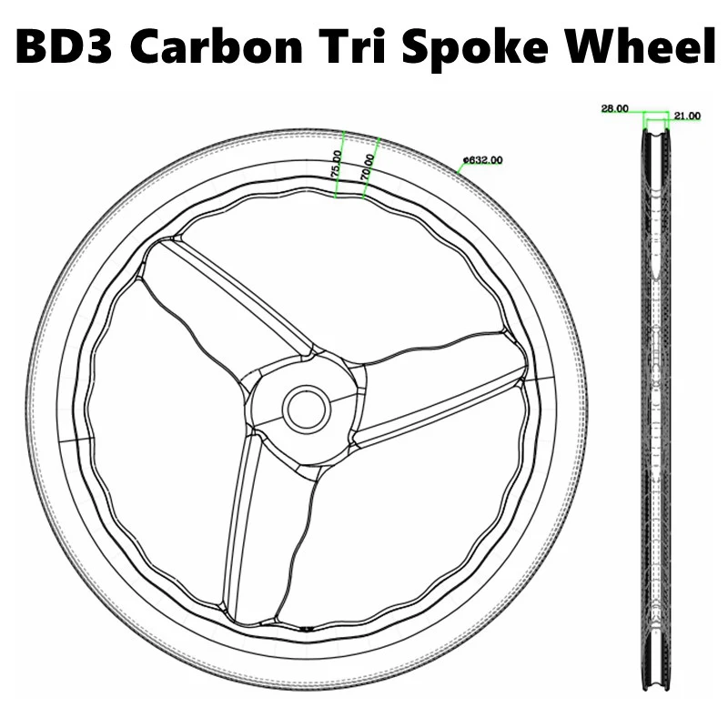 BIKEDOC 28MM Wide Carbon 3 Spoke Wheel 700C Tri Spoke Wheelset Road Disc Brake