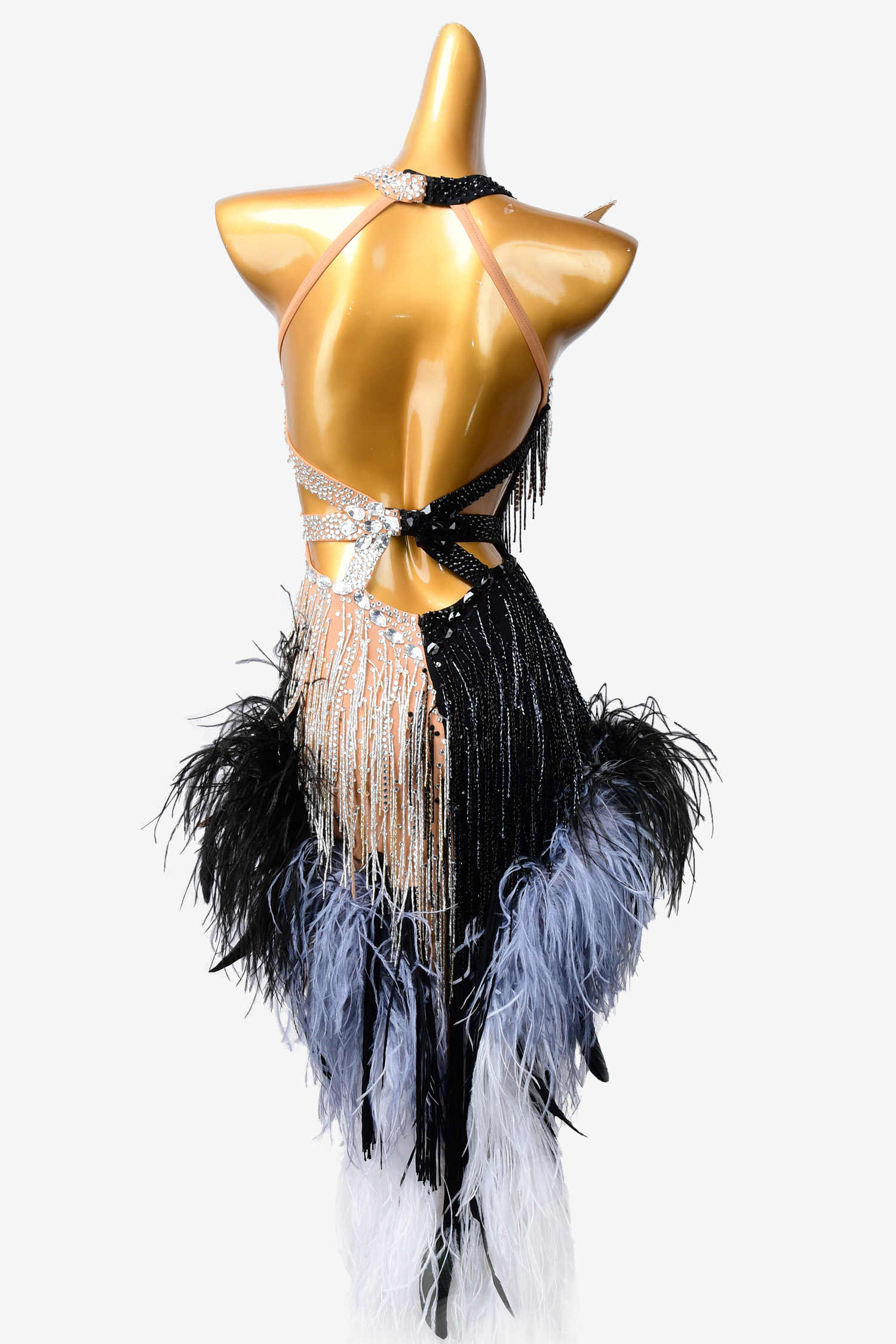 Black and white latin with crystal strips and black and white feather