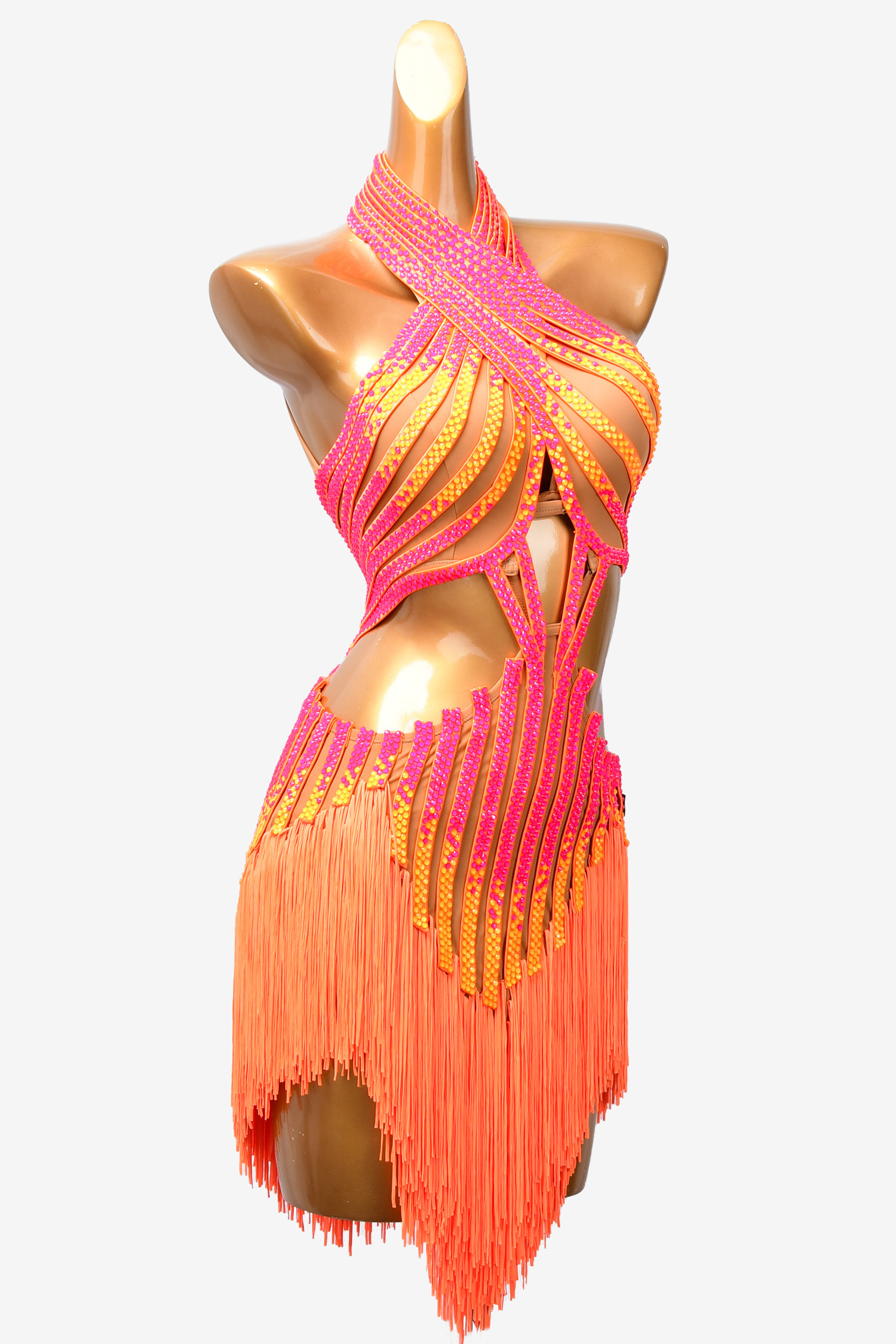 fuchsia&yellow crystal latin dress with fringe