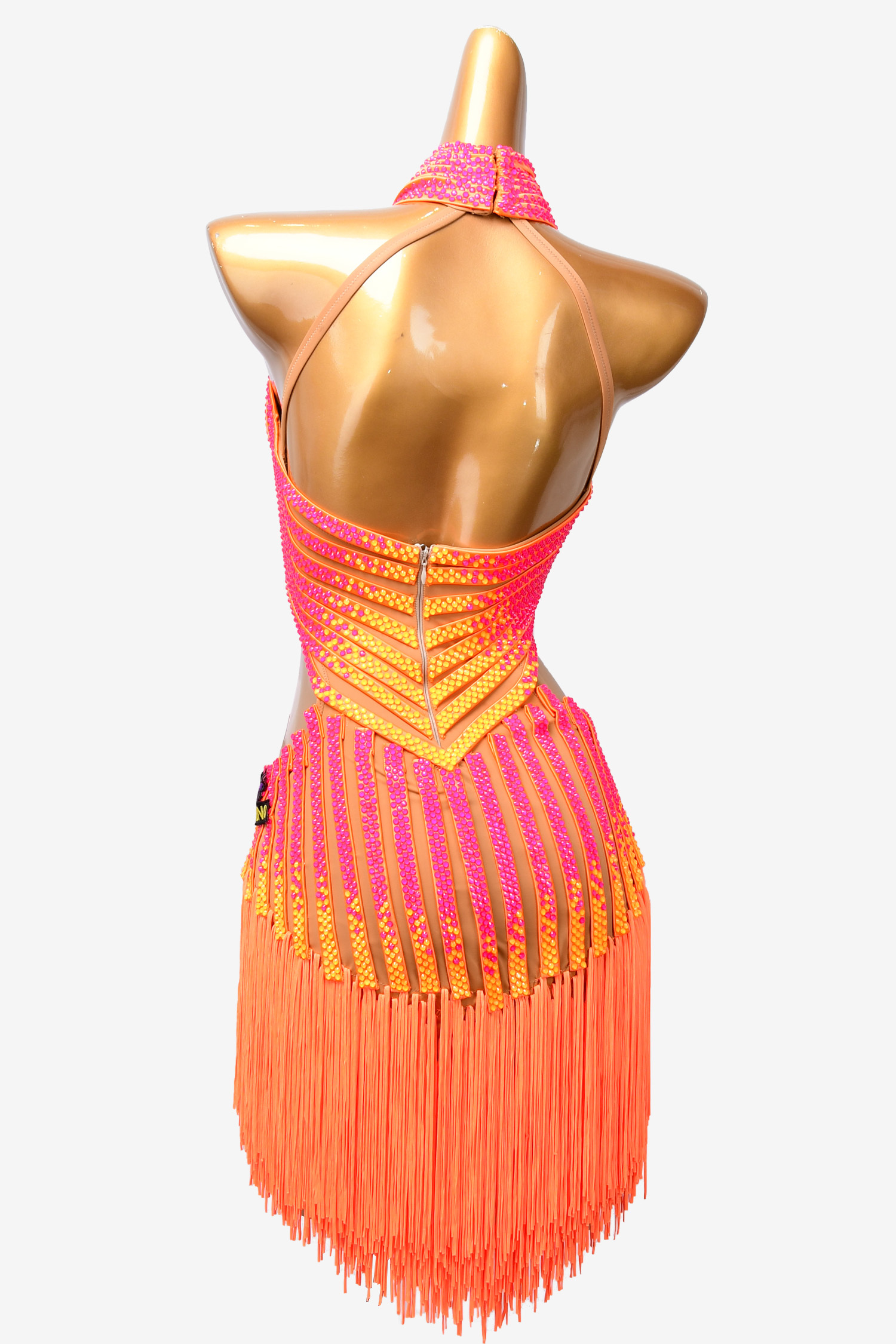 fuchsia&yellow crystal latin dress with fringe